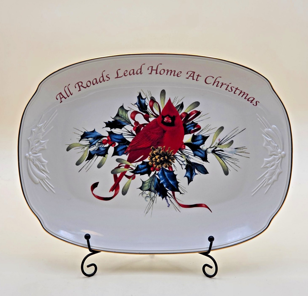 Lenox Winter Greetings Cardinal Serving Platter 14" Ivory Bone China Gold Rim